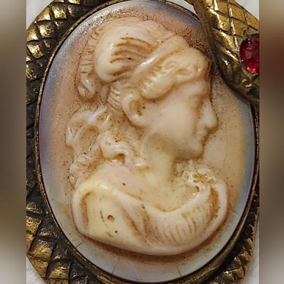 Vintage Shell Cameo Serpent Brooch Red Rhinestone Eye 1940s - Picture 10 of 14